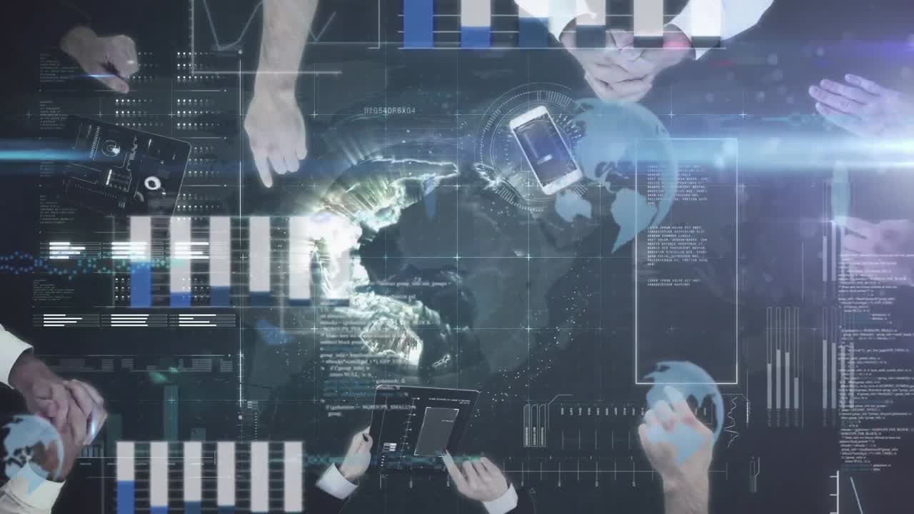 사무실에서 전자 장치를 사용하는 비즈니스 사람들에 대한 데이터 처리 애니메이션