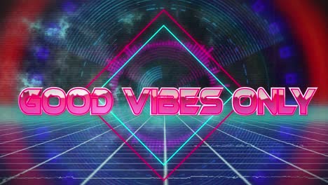 Animation-of-good-vibes-only-text-banner-against-neon-shapes-in-seamless-pattern-over-grid-network