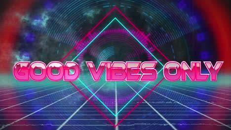 animation of good vibes only text banner against neon shapes in seamless pattern over grid network