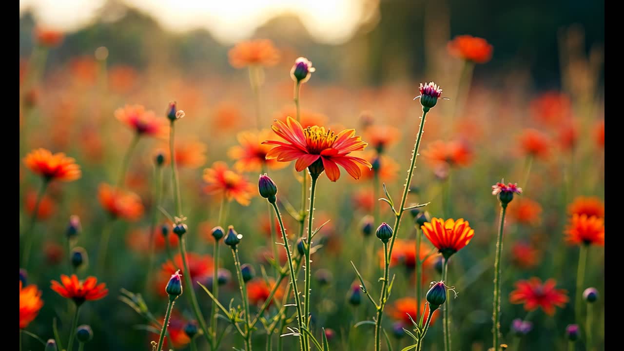 Orange and Red Wildflowers in a Meadow at Sunset