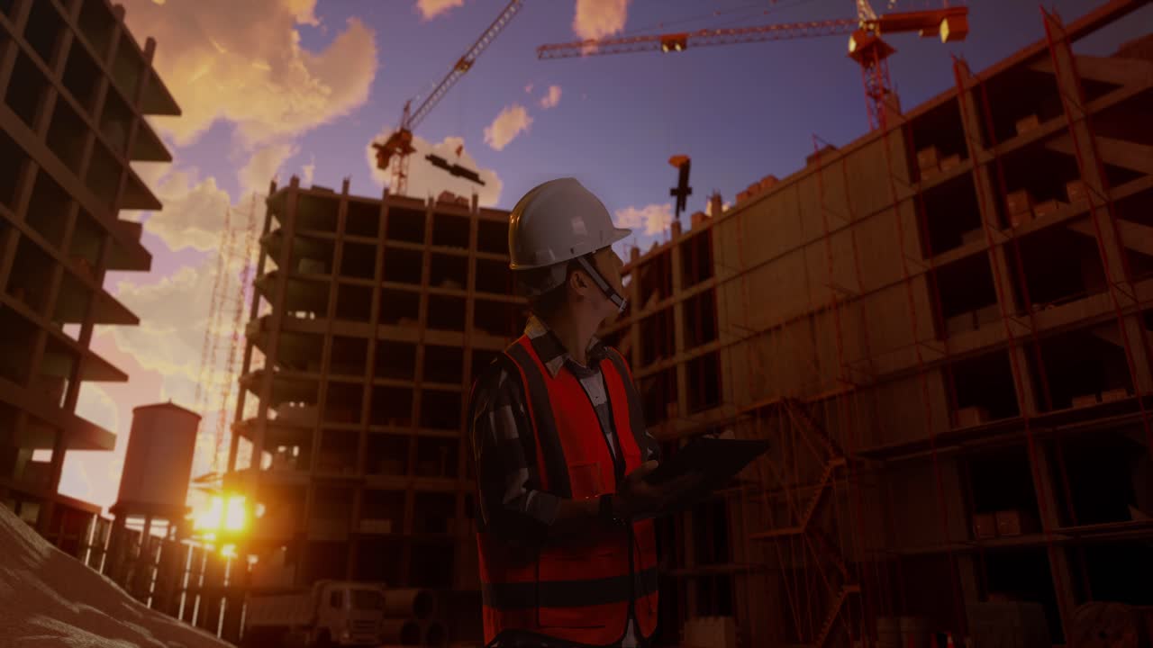 Side View Of Asian Male Engineer With Safety Helmet Taking Note On The Tablet And Looking Around While Standing At Construction Site, During Sunset Or Sunrise Time
