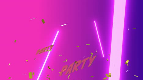 confeti dorado cayendo sobre los banners de texto de la fiesta contra las formas de neón en el fondo degradado