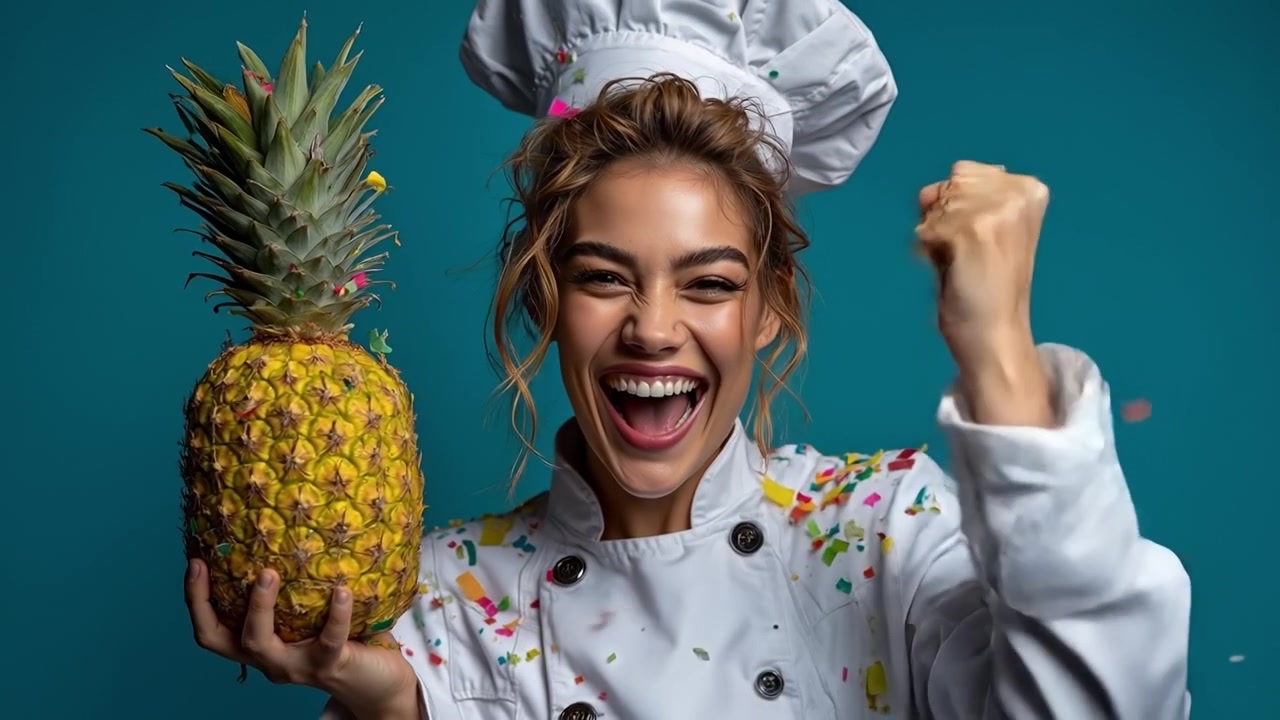 Enthusiastic young female chef celebrating with a pineapple amidst falling colorful confetti