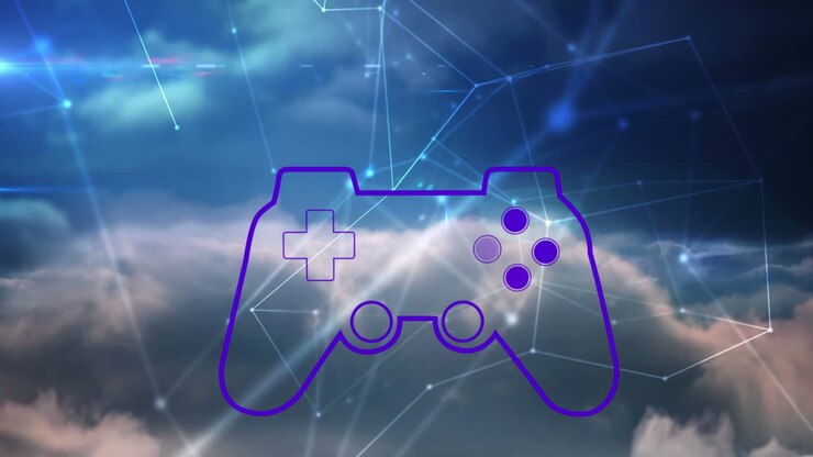 Animation of videogame controller icon over network of connections against clouds in the blue sky