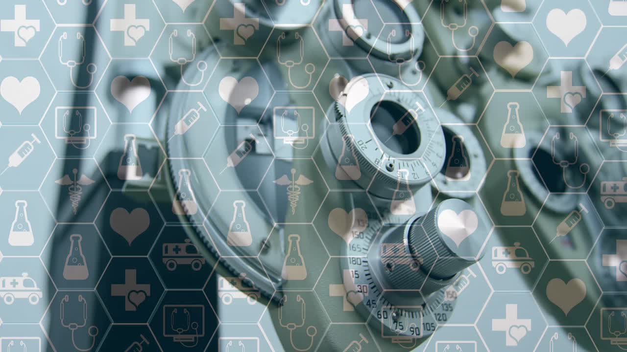 ⁇ 색 바탕에 있는 의료 장비의 다이얼 위에 반복되는 육각형의 의료 아이콘의 애니메이션