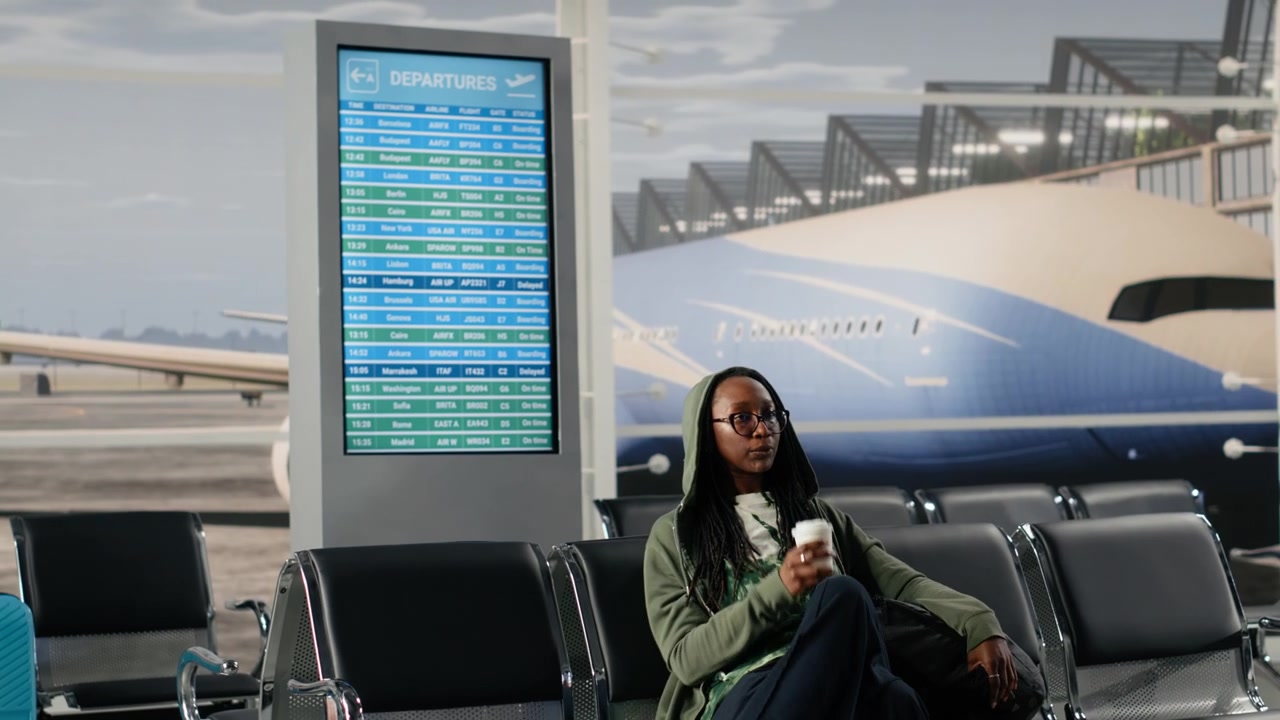 Femme buvant du café dans un aéroport animé, attendant l'arrivée de son avion.