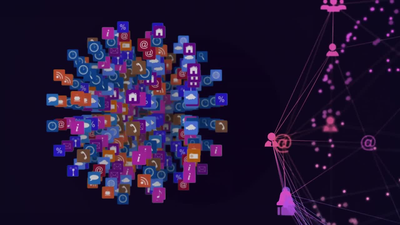 video compuesto digital de una red de conexiones con iconos que forman un globo contra un fondo negro