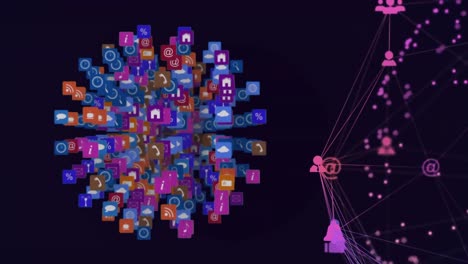 Digital-composite-video-of-web-of-connections-with-icons-forming-a-globe-against-black-background