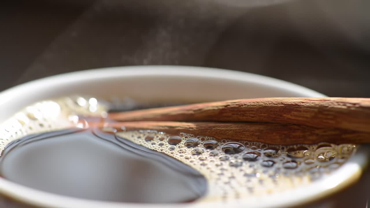 A Close-Up View of a Creamy Coffee Surface with Beautiful Bubbles and a Wooden Spoon Stirring, Creating an Inviting Aromatic Experience