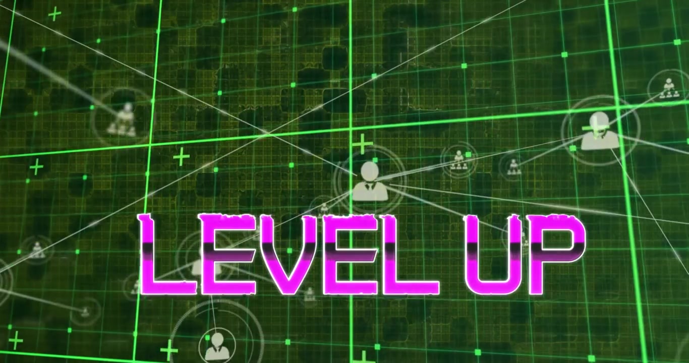 Animation of level up text over network of connections on green background