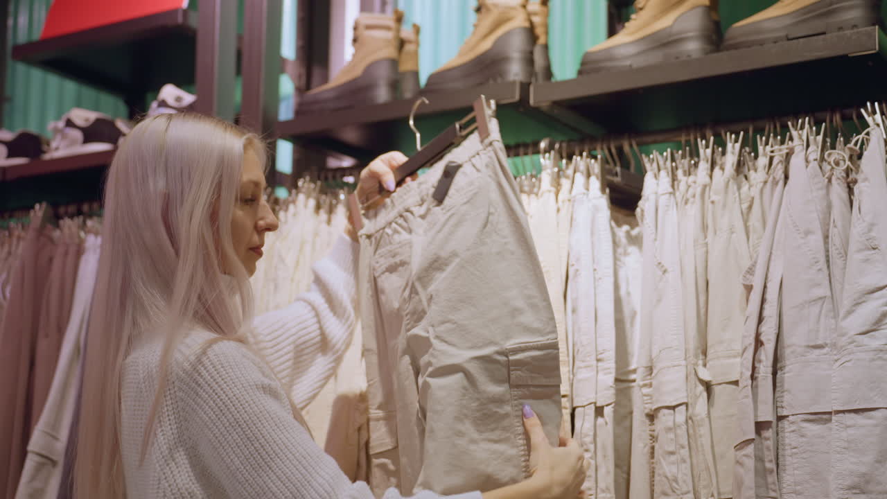 Back view of graceful lady in cozy knit sweater browsing rack of pants in clothing store, pulling pair from hanger clips while boots displayed on top shelf under boutique lights with blurred racks