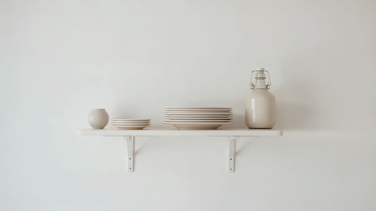 Camera reframing wall shelf, revealing more wall and emphasizing ceramics for interior design