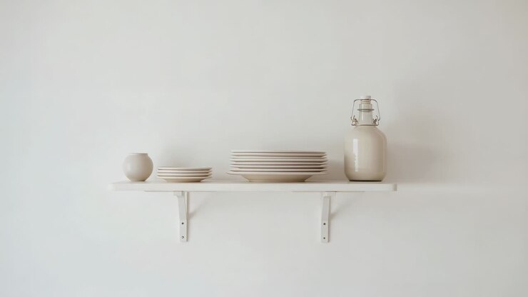 Camera reframing wall shelf, revealing more wall and emphasizing ceramics for interior design