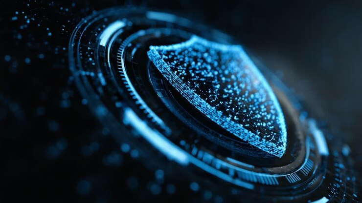 A futuristic digital representation of a secure shield symbolizing protection and security, featuring vibrant blue particles and intricate circular designs to convey modern technology