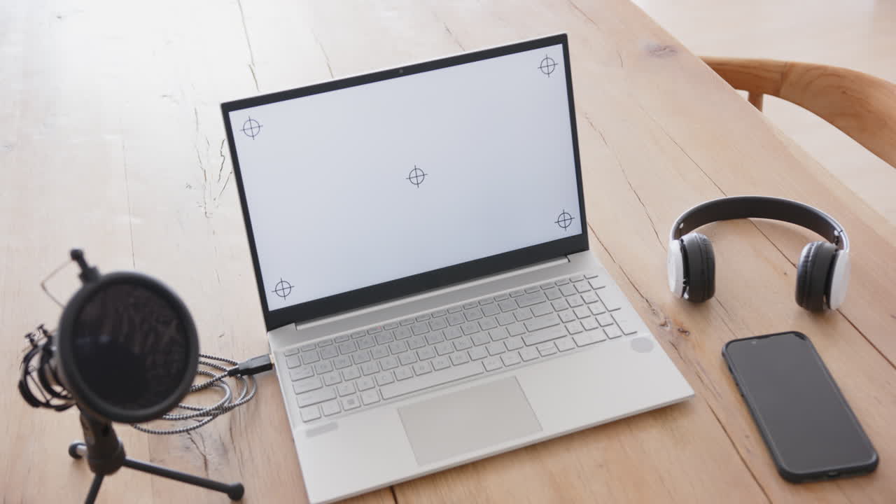 Recording podcast, laptop, microphone, headphones, smartphone on wooden table, at home, copy space