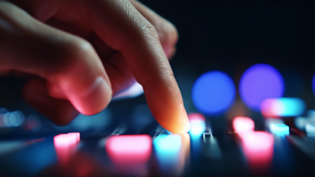 A Close-Up View of a Hand Adjusting Colorful Sound Mixer's Buttons in a Dark Environment, Highlighting the Intricacies of Music Production Technology
