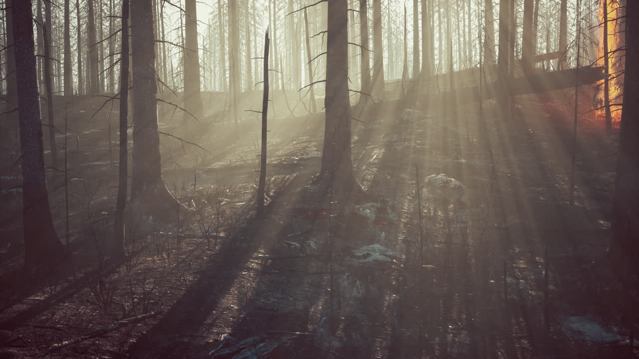 Forest fire with Burned trees after wildfire