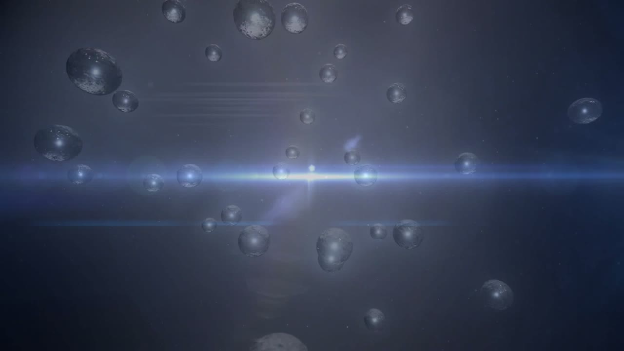 Bright core pulsing triggers translucent spheres streaming trails while drifting into starfield