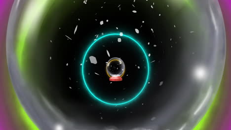 animación del globo de nieve de navidad con nieve cayendo y círculos de neón en fondo negro.