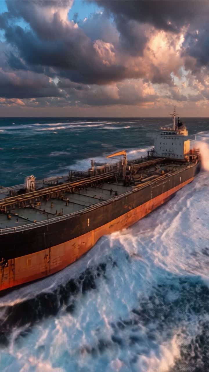 Una scena drammatica di una nave mercantile che naviga attraverso acque oceaniche turbolente sotto un cielo mozzafiato con nuvole vivaci e onde scintillanti.