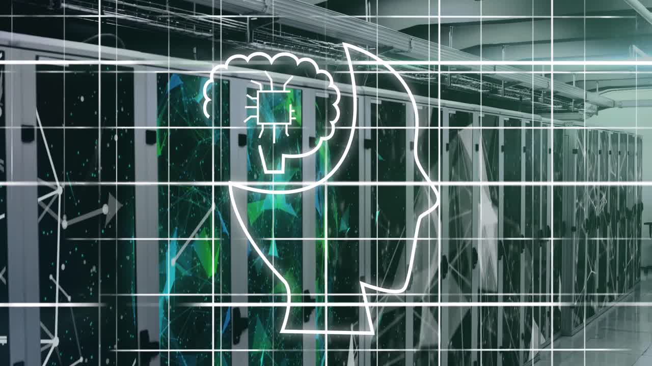 animación de todo el texto y el icono, procesamiento de datos a través de servidores informáticos