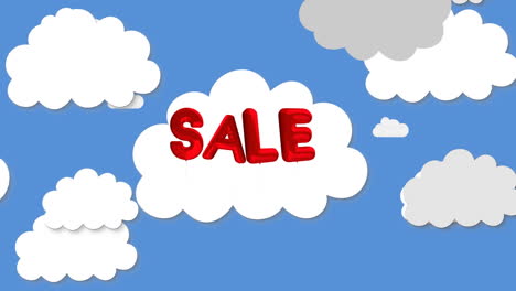animación de globo de texto de venta y múltiples iconos de nube flotando contra un fondo azul.