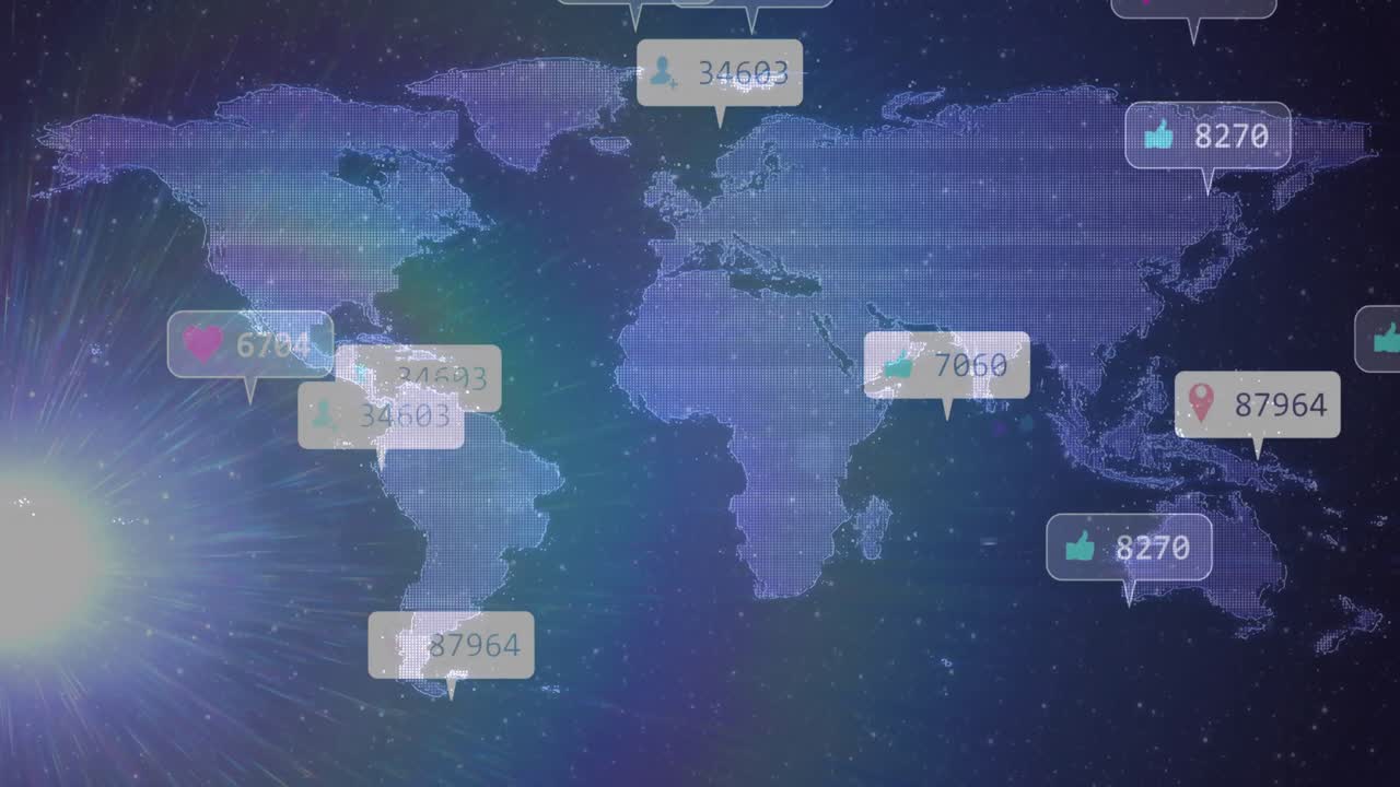 Stylized dotted world map showing glowing icons and metrics floating across digital starfield