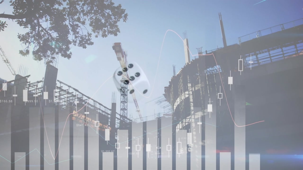 Animation of purple light trails and statistical data processing over construction site against dice
