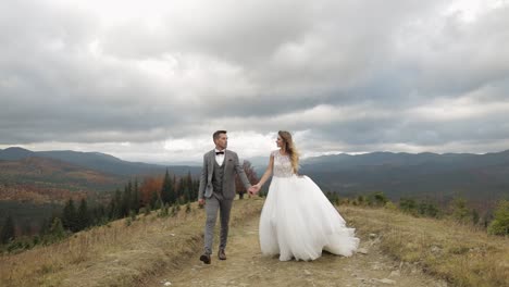 Hermosos-Jóvenes-Recién-Casados,-Novios-Caminando-Por-La-Ladera-De-La-Montaña,-Tomados-De-La-Mano,-Pareja-De-Novios,-Familia