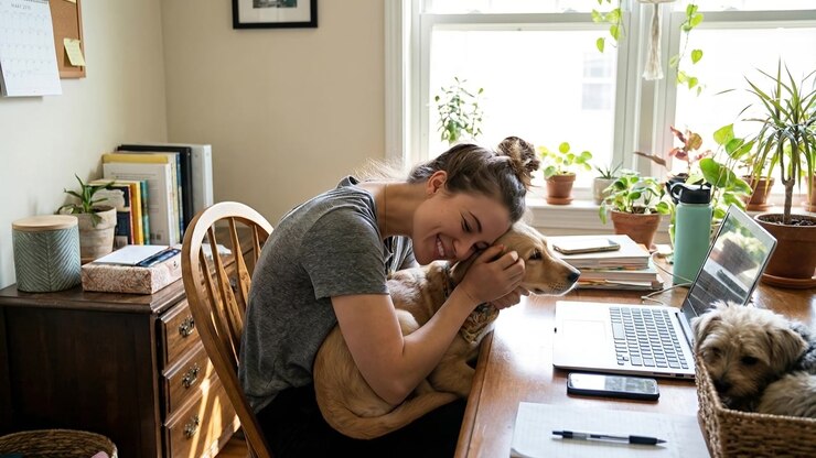 Giovane donna che lavora al laptop a una scrivania con i suoi cani domestici in un ufficio domestico