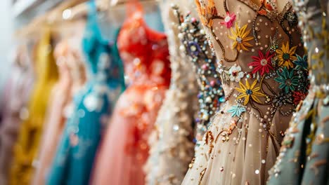 colorful dresses hanging on hangers in a boutique