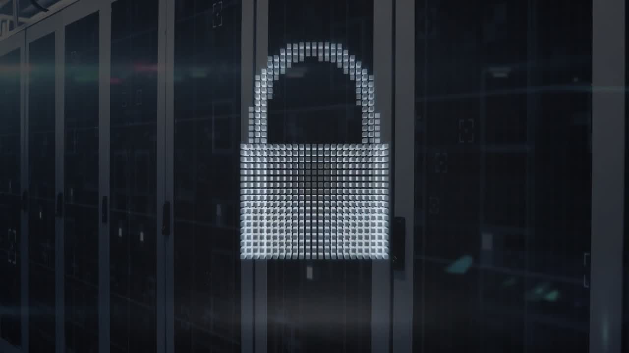 Animation of cloud and padlock icons with light trails over server room