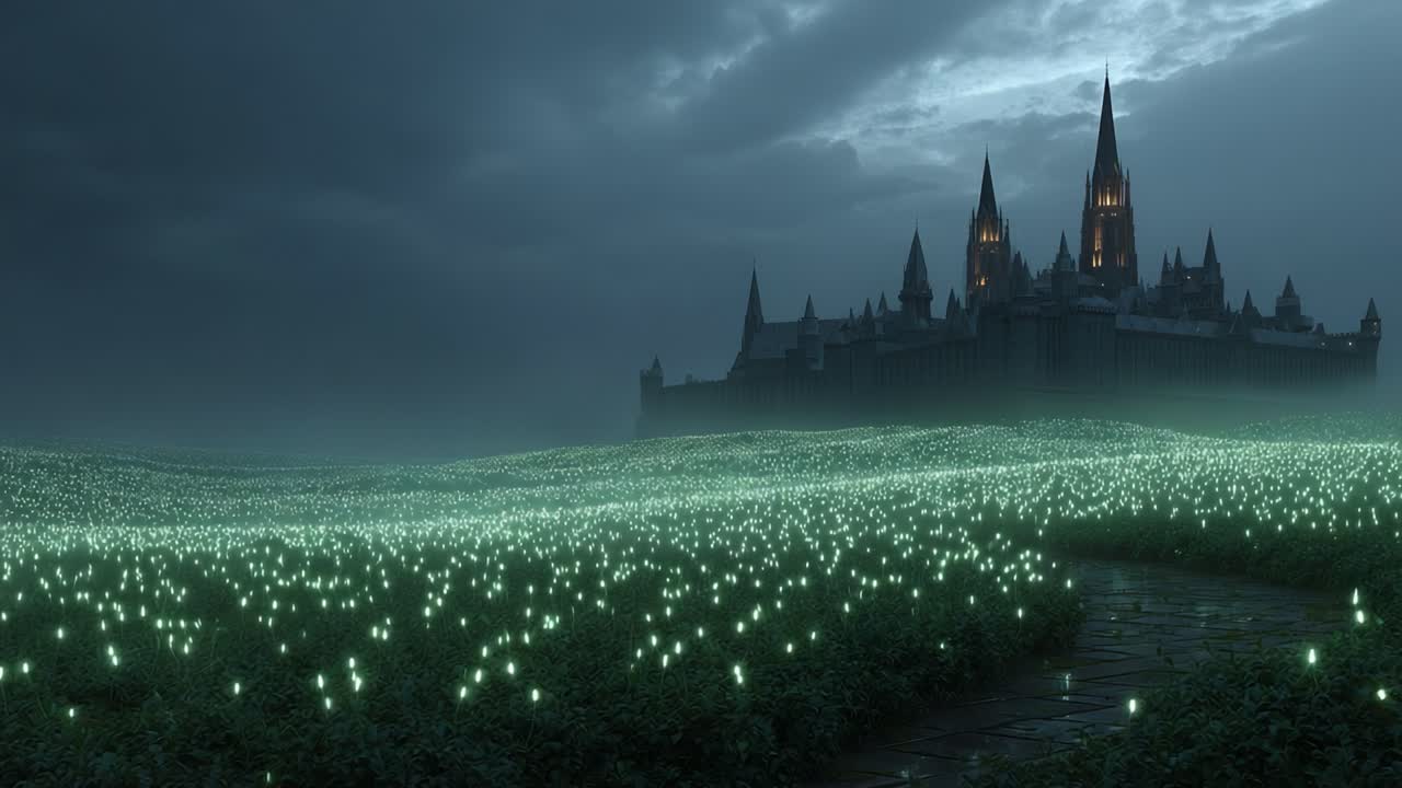 Mysterious Enchanted Castle Surrounded by Glowing Fields Under a Foreboding Sky: A Journey Through an Otherworldly Landscape