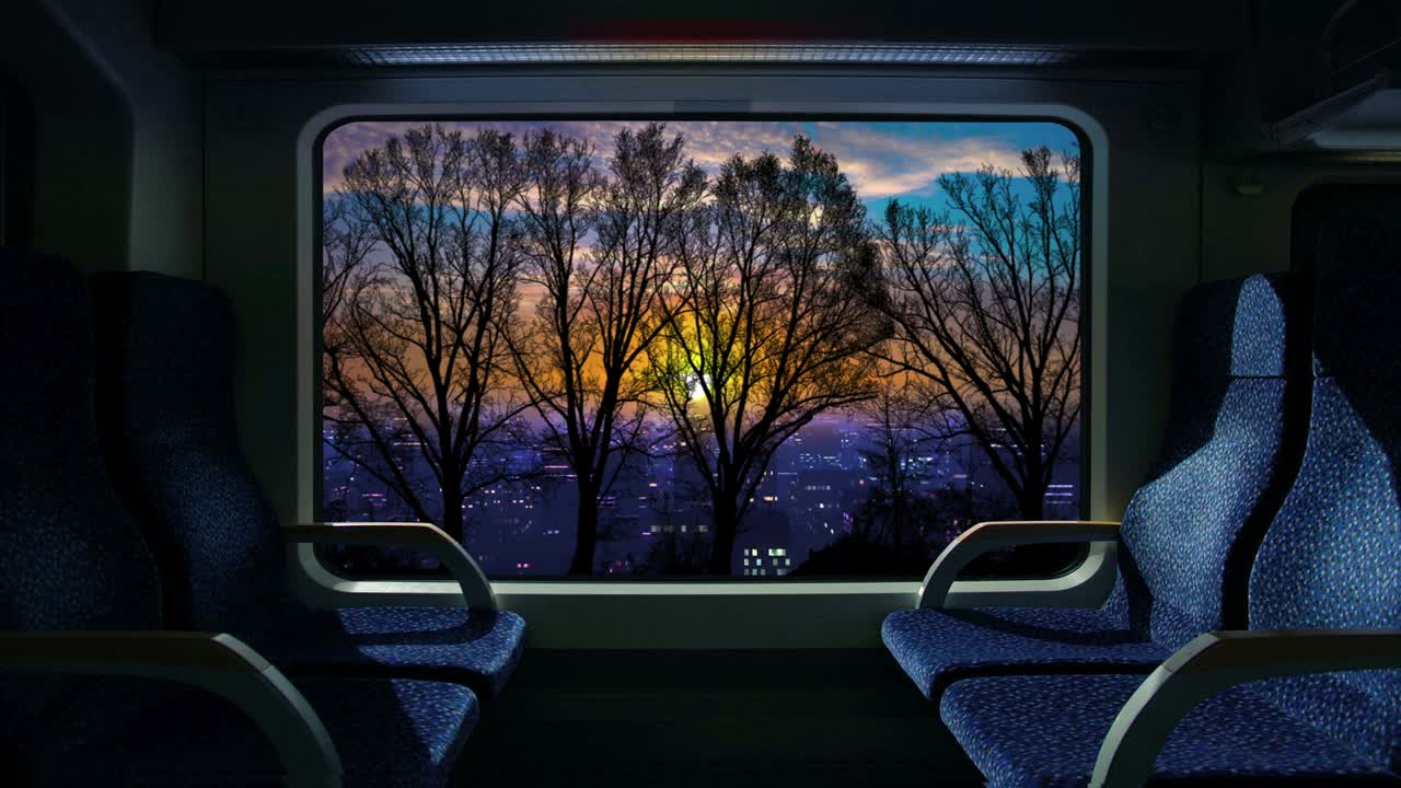 열차 객실 창문 4k 루프 열차 여행에서 해가 뜨거나 해가 지는 것