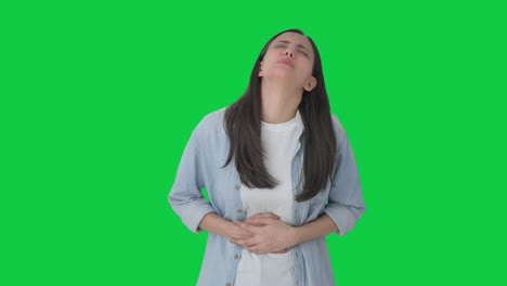 sick indian girl suffering stomach pain green screen