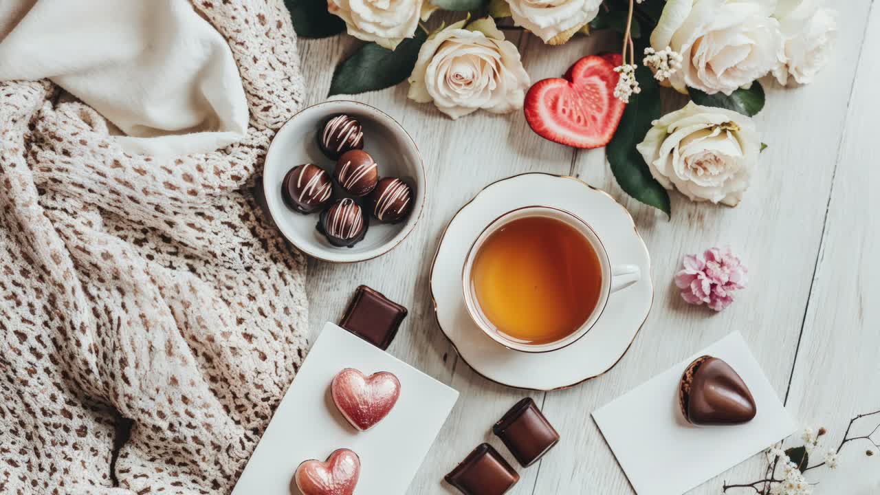 Romantic Afternoon Tea with Chocolates and Flowers