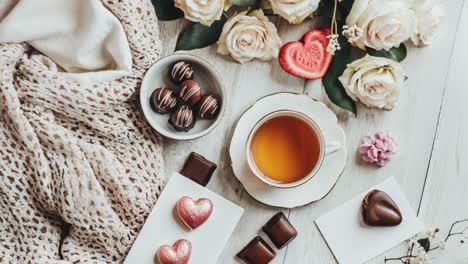 romantic afternoon tea with chocolates and flowers