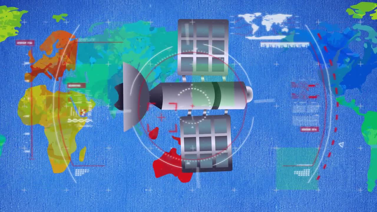 우주선의 애니메이션과 세계 지도를 스캔하는 범위