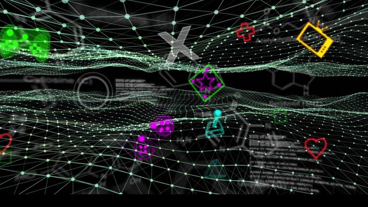 Animation of shapes and data processing on black background