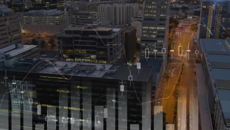 Animation-Der-Finanzdatenverarbeitung-über-Gebäuden-Und-Stadtlandschaften