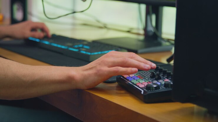 Close Up Of Male Vlogger Using Computer Keyboard And Editing Control For Live Stream