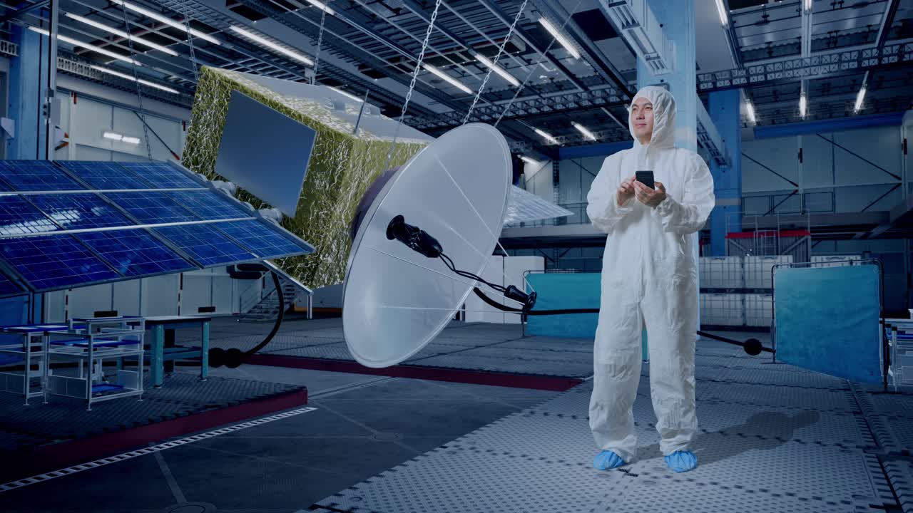 cuerpo lleno de científico masculino asiático usando teléfono inteligente y mirar a su alrededor mientras está de pie con la construcción de la nave espacial