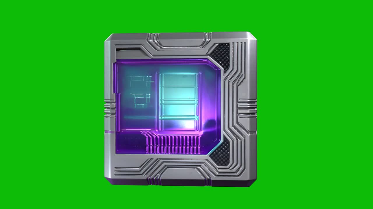 Futuristic 3D sci-fi quantum cube design 04, with metallic panels, embedded circuit patterns, rotating 360 degrees, isolated on green screen.Ideal for AI, quantum computing and sci-fi concepts