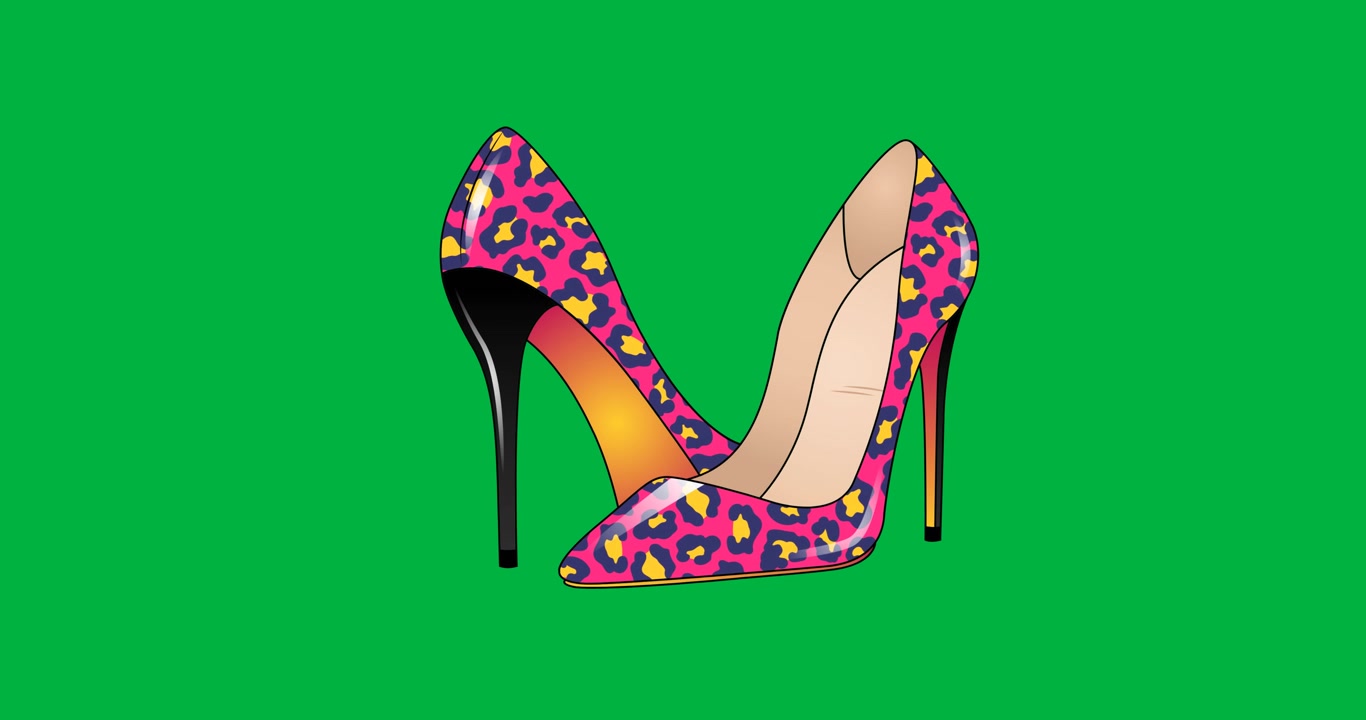Animación digital de un icono de zapatos de mujer flotando sobre fondo negro