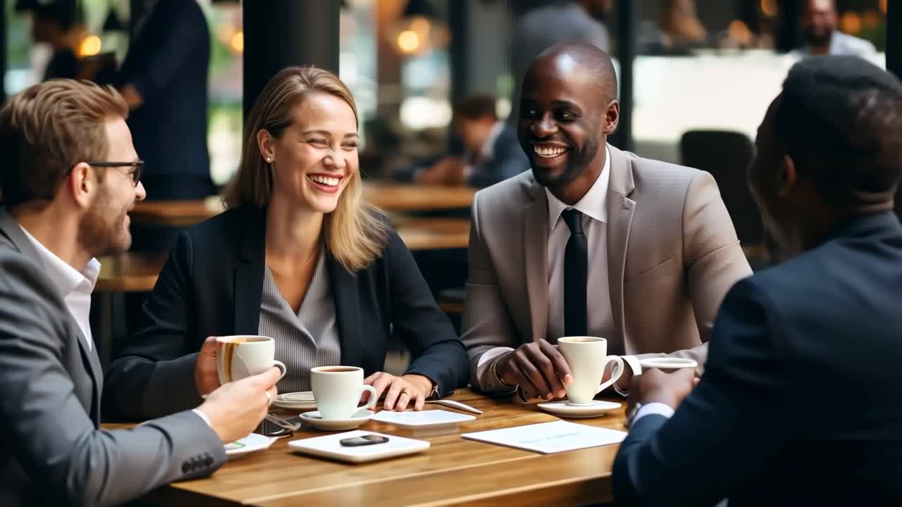 A candid video captures a diverse group of professionals laughing over coffee in a modern cafe, shot