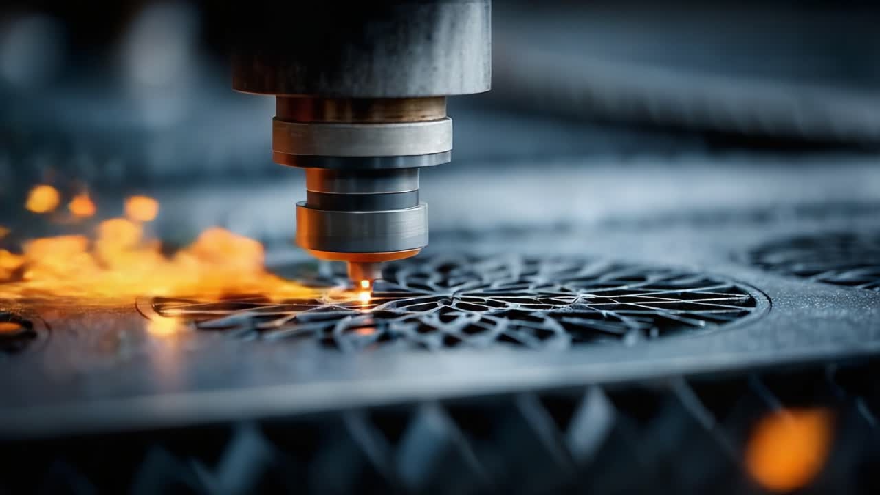 Close-Up of Precision Laser Cutting Process on Intricate Metal Design, Showcasing Sparks and Detailed Workmanship in Manufacturing Environment