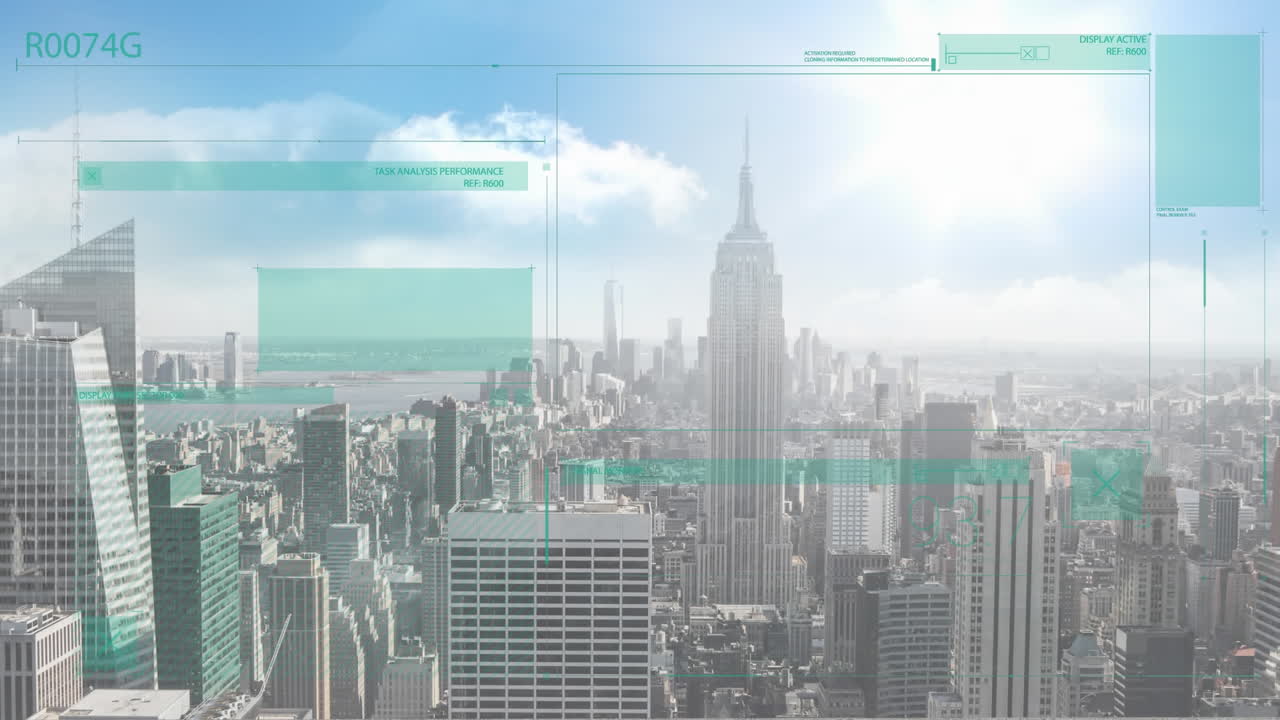 도시 풍경 위의 데이터 처리 애니메이션