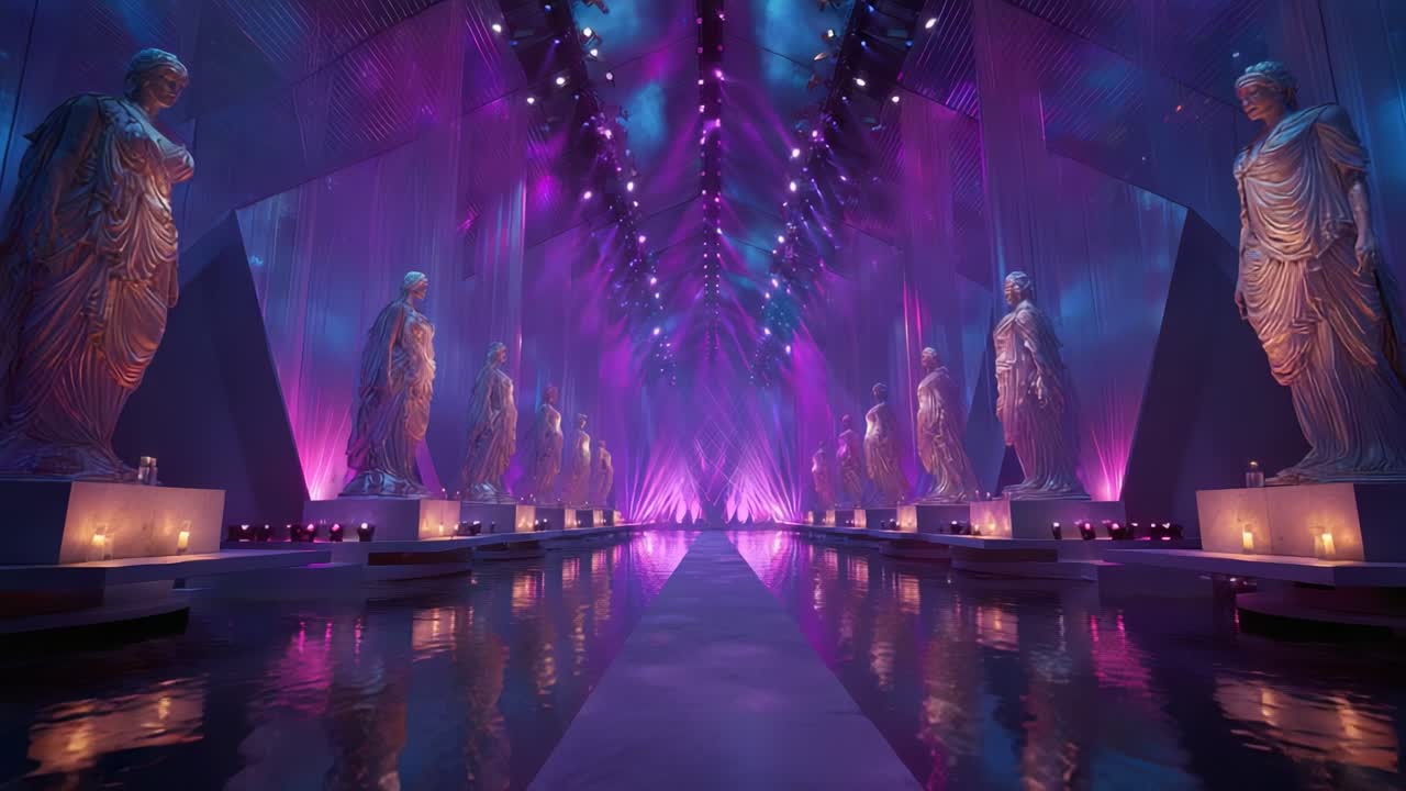 Grand Hallway with Statues and Purple Lights
