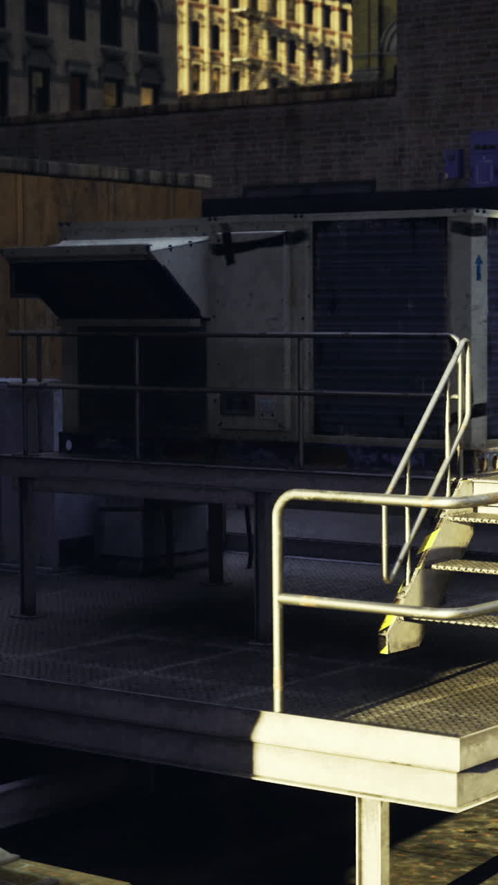 Unik tagplatform med industrielt udstyr i skarpt sollys i byen