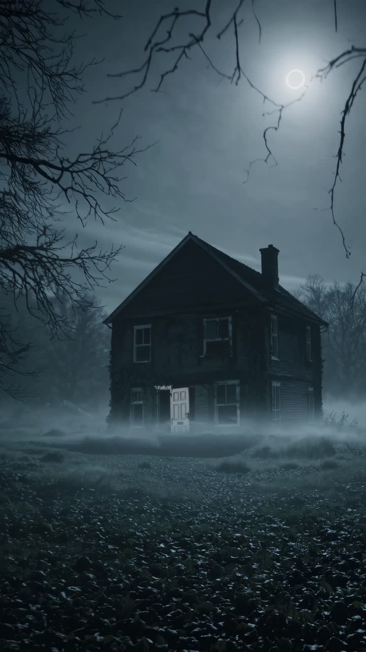 Escena de vídeo inquietante de una casa antigua por la noche, envuelta en niebla. Un plano de ángulo bajo captura el cielo iluminado por la luna.
